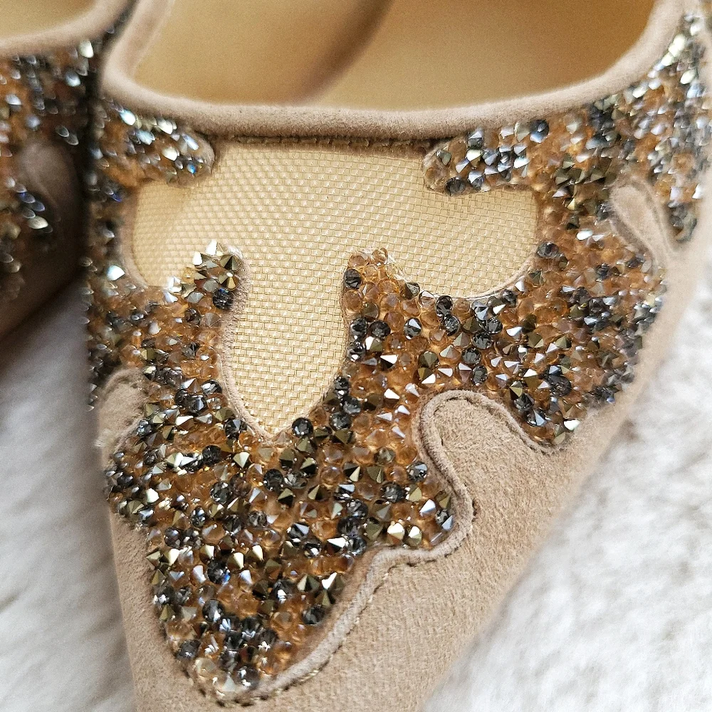 Jimmy Choo Karmel 120 Nude Suede Crystal Wedding Occasion Pointy Toe Mesh Pump - Picture 5 of 16